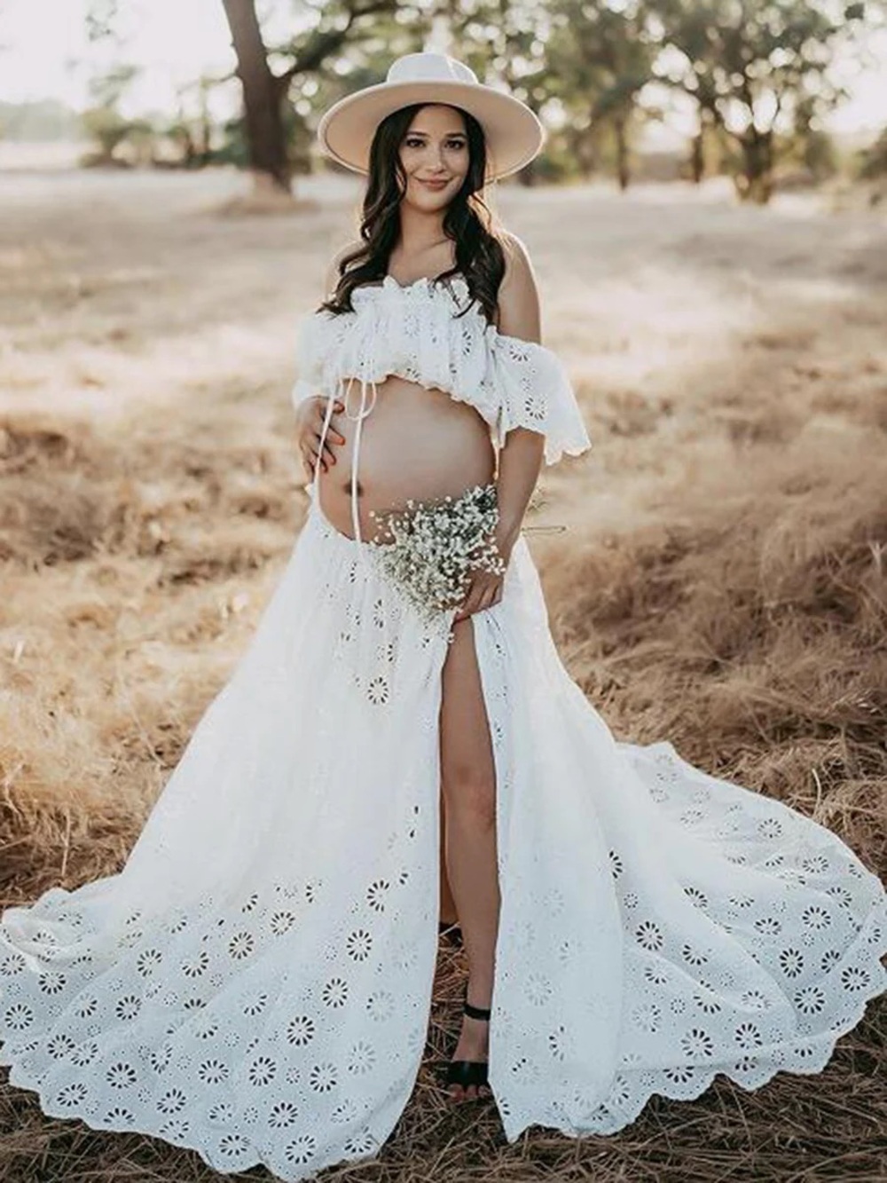 Boho Off-Shoulder White Maxi Maternity Dress